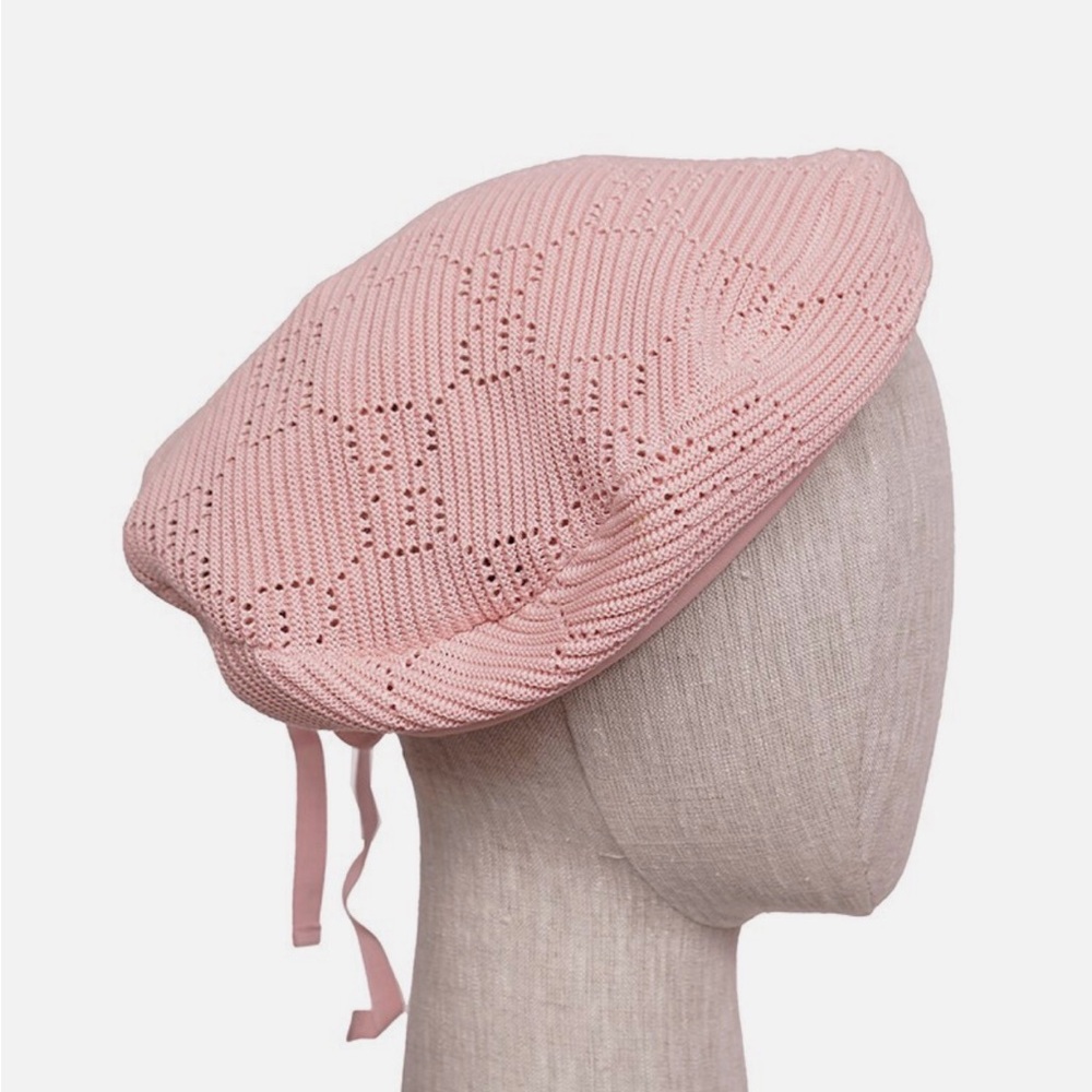 GUCCI GENUINE Pink Knit Beret with Ribbon Tie - Women's Fashion Accessory